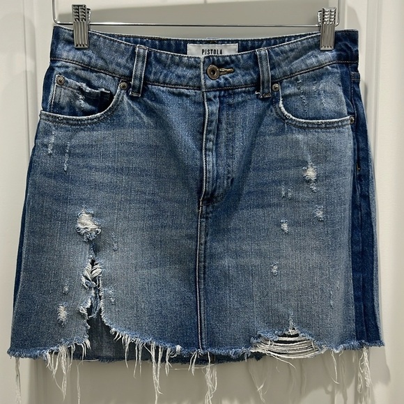 Pistola Denim Light Wash Distressed Mini Skirt Sz 27 - Picture 1 of 7